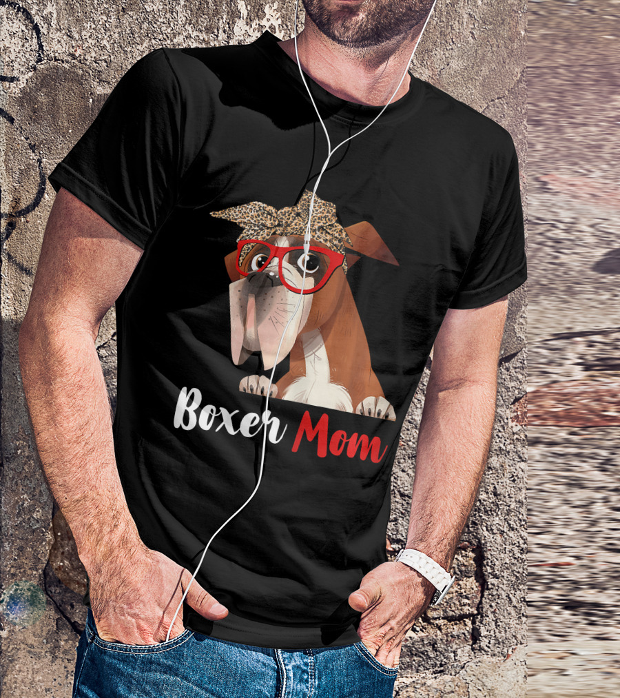 Boxer Mom With Red Glasses And Leopard Headband For Dog Lovers T-Shirt