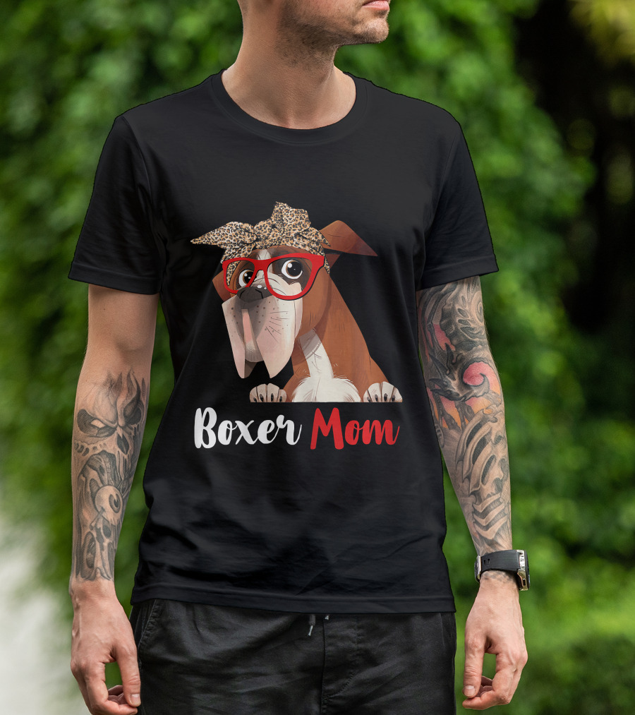 Boxer Mom With Red Glasses And Leopard Headband For Dog Lovers T-Shirt