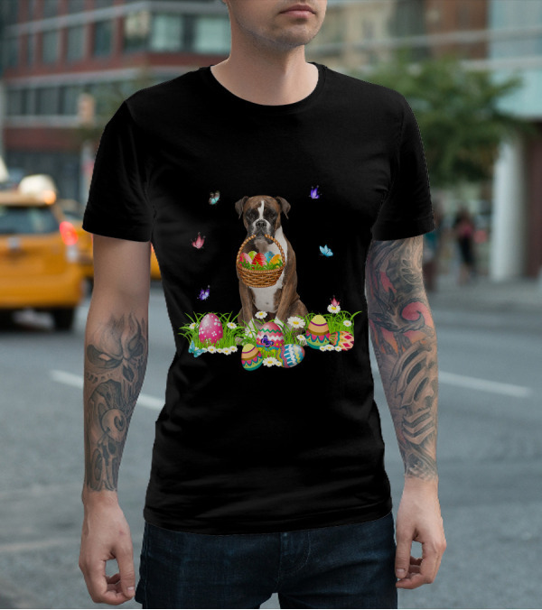 Boxer Dog Holding Easter Eggs Basket Surrounded By Butterflies And Flowers T-Shirt