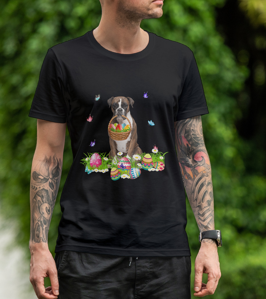 Boxer Dog Holding Easter Eggs Basket Surrounded By Butterflies And Flowers T-Shirt
