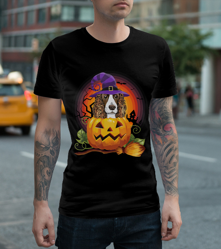Dog Lover English Cocker Spaniel Witch Pumpkin Halloween Scene T-Shirt