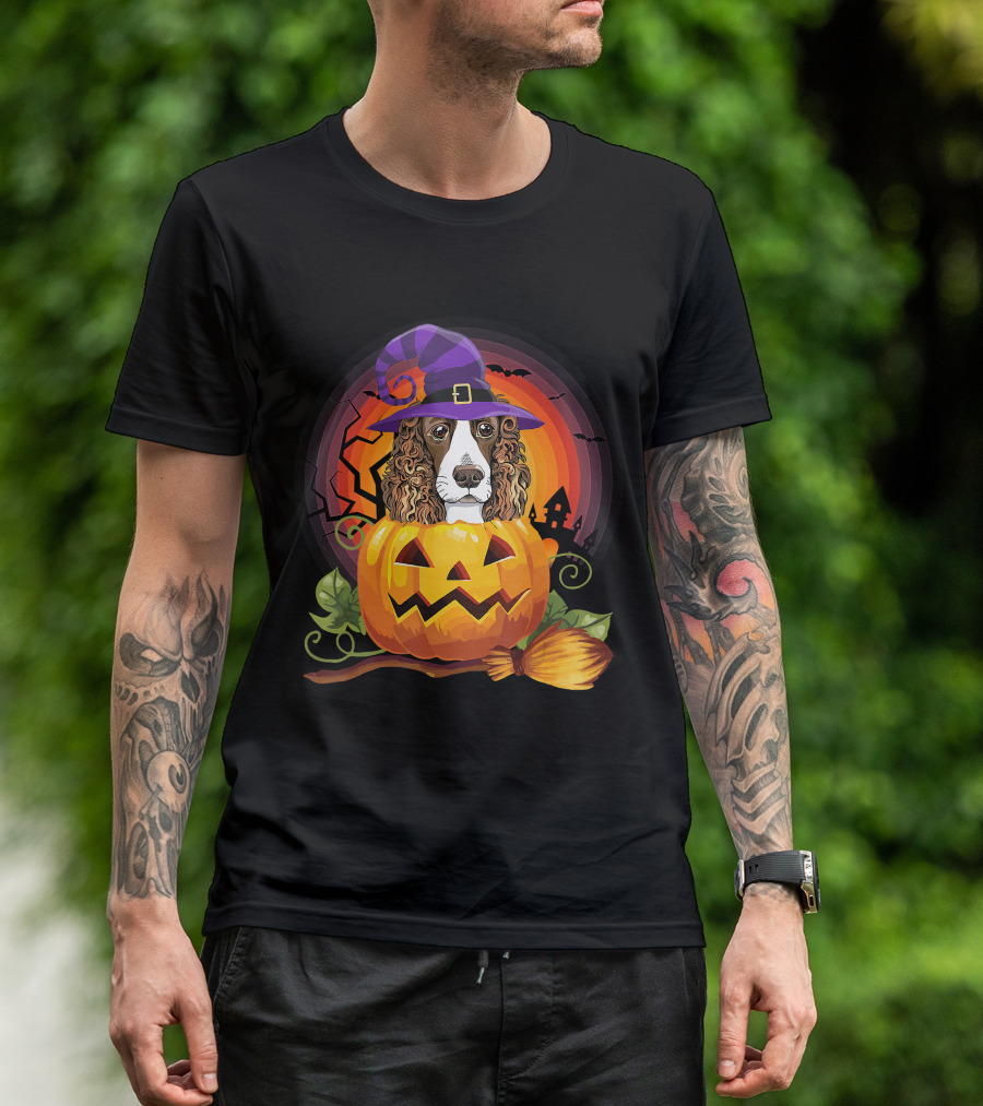 Dog Lover English Cocker Spaniel Witch Pumpkin Halloween Scene T-Shirt