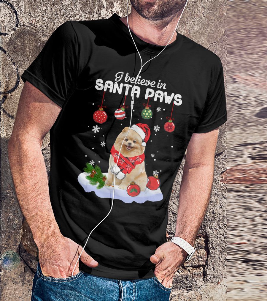I Believe In Santa Paws Pomeranian Festive Christmas Ornaments Snowflakes T-Shirt