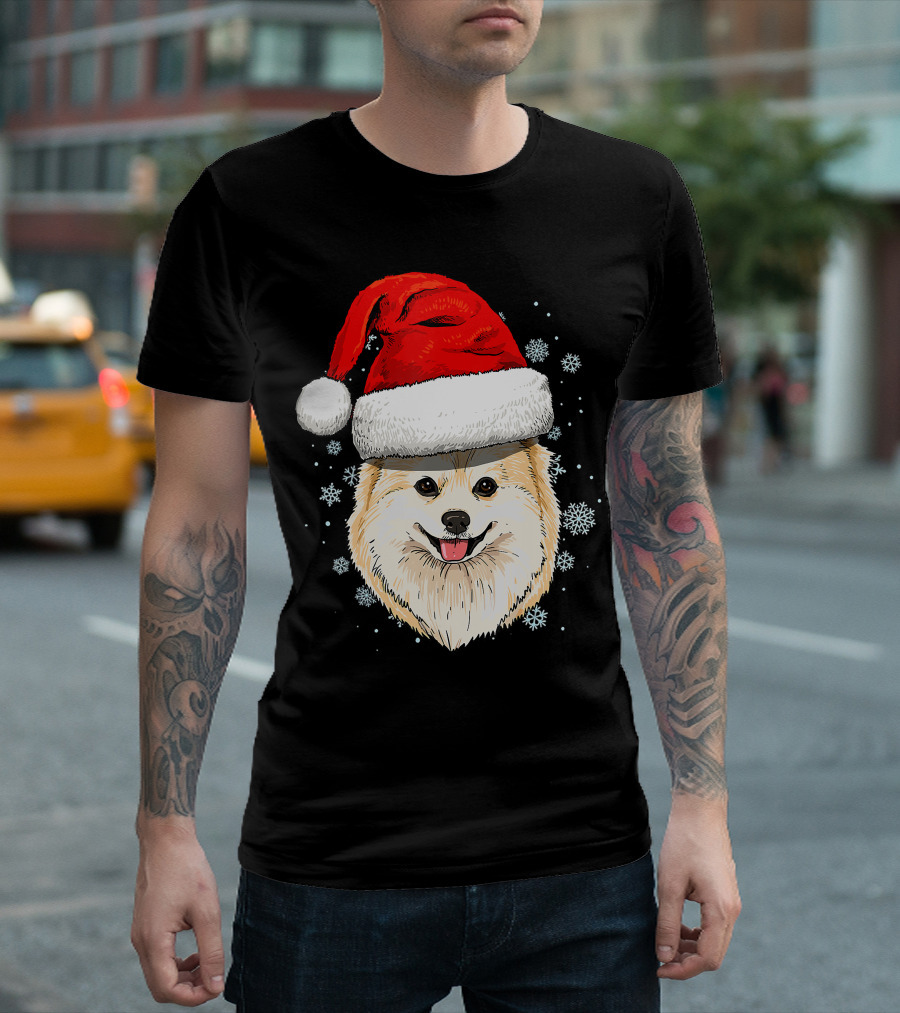 Pomeranian Santa Hat Snowflakes Christmas T-Shirt
