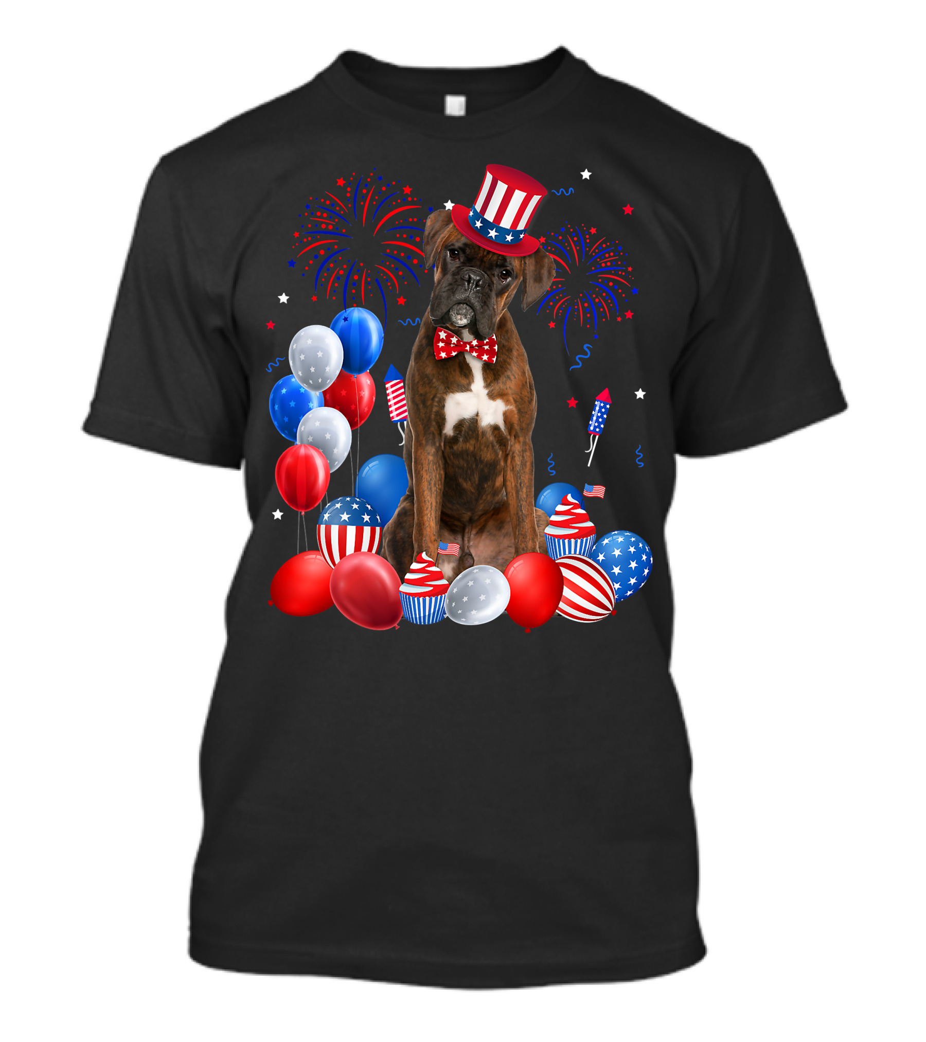 Boxer Dog With Patriotic Hat And Bowtie Surrounded By 4th Of July Balloons Fireworks And Rockets T-Shirt