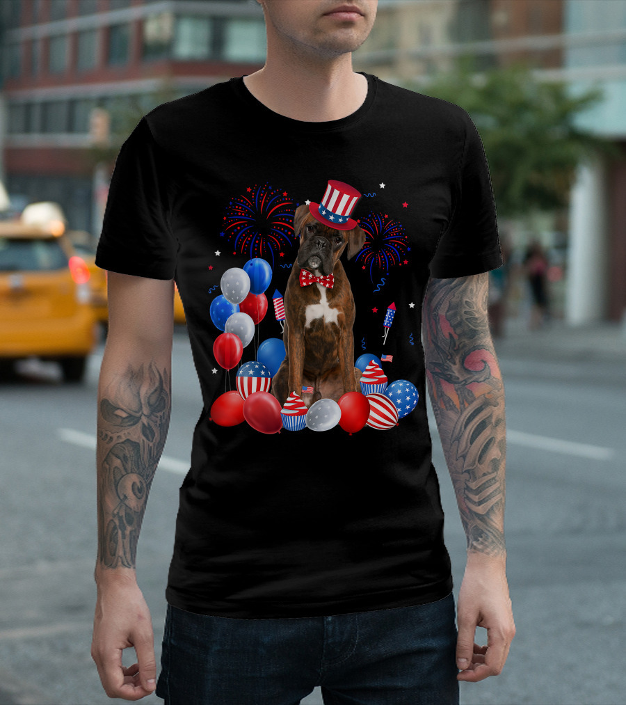 Boxer Dog With Patriotic Hat And Bowtie Surrounded By 4th Of July Balloons Fireworks And Rockets T-Shirt