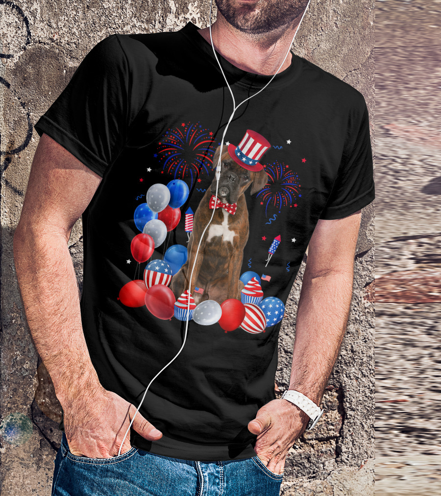 Boxer Dog With Patriotic Hat And Bowtie Surrounded By 4th Of July Balloons Fireworks And Rockets T-Shirt