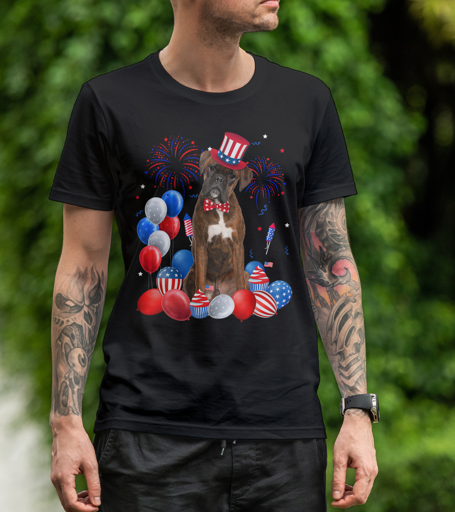 Boxer Dog With Patriotic Hat And Bowtie Surrounded By 4th Of July Balloons Fireworks And Rockets T-Shirt