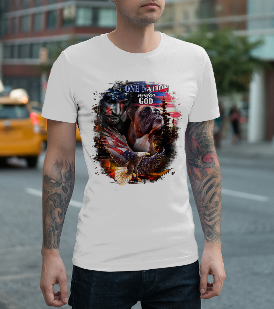 One Nation Under God Boxer With American Eagle And Flag Iconography T-Shirt