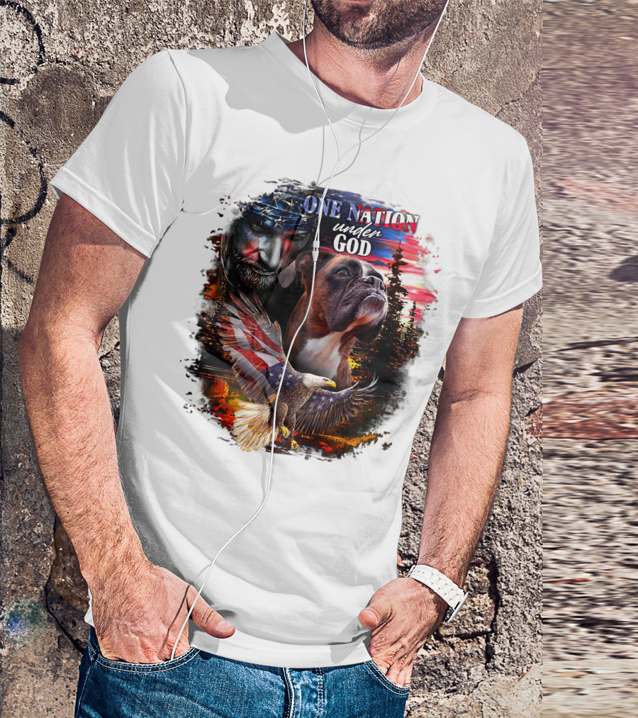 One Nation Under God Boxer With American Eagle And Flag Iconography T-Shirt