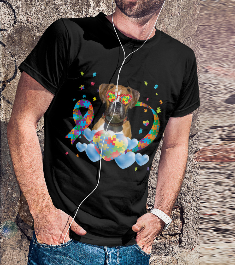 Boxer Dog Autism Awareness Heart Puzzle Ribbon Rainbow T-Shirt