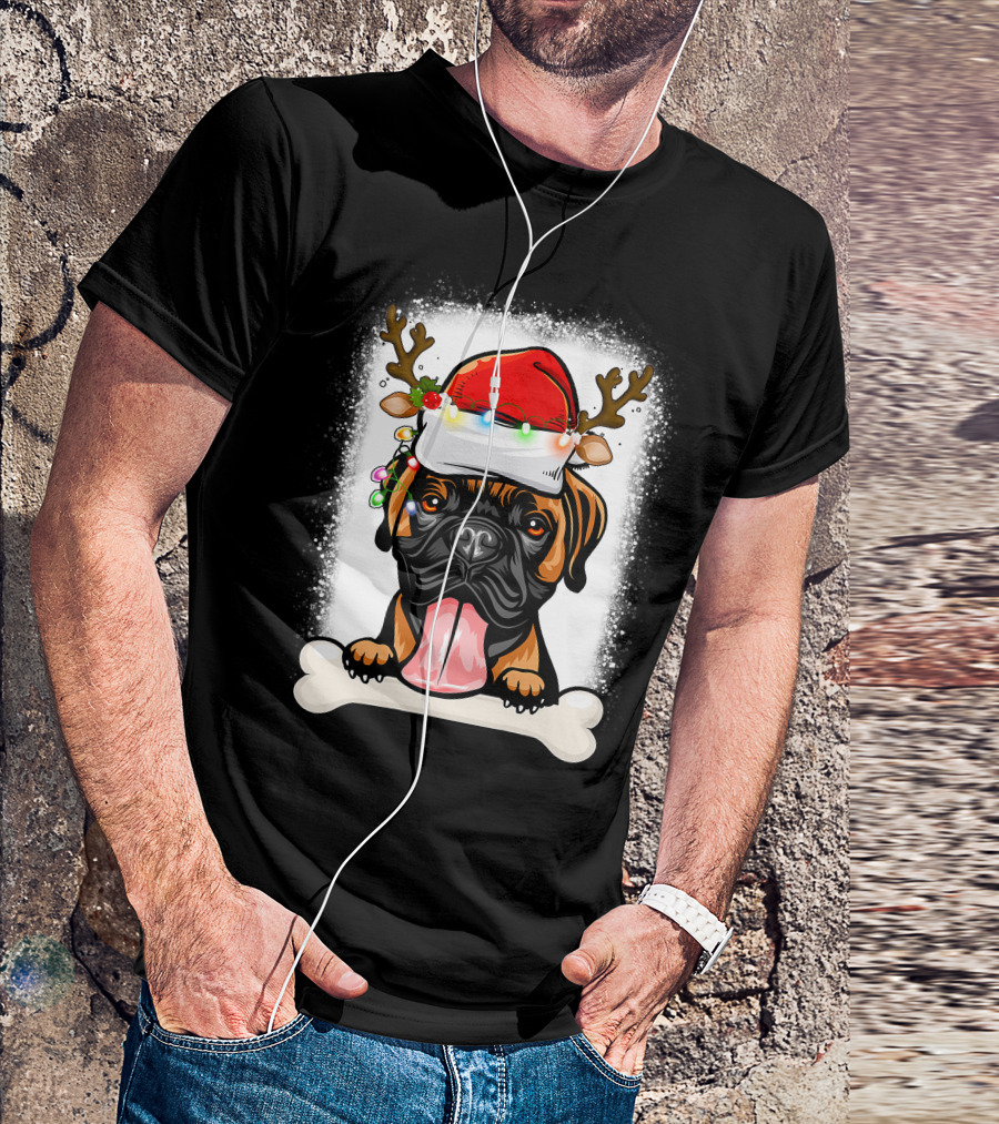 Boxer Dog With Santa Hat And Antlers Holding A Bone With Christmas Lights T-Shirt