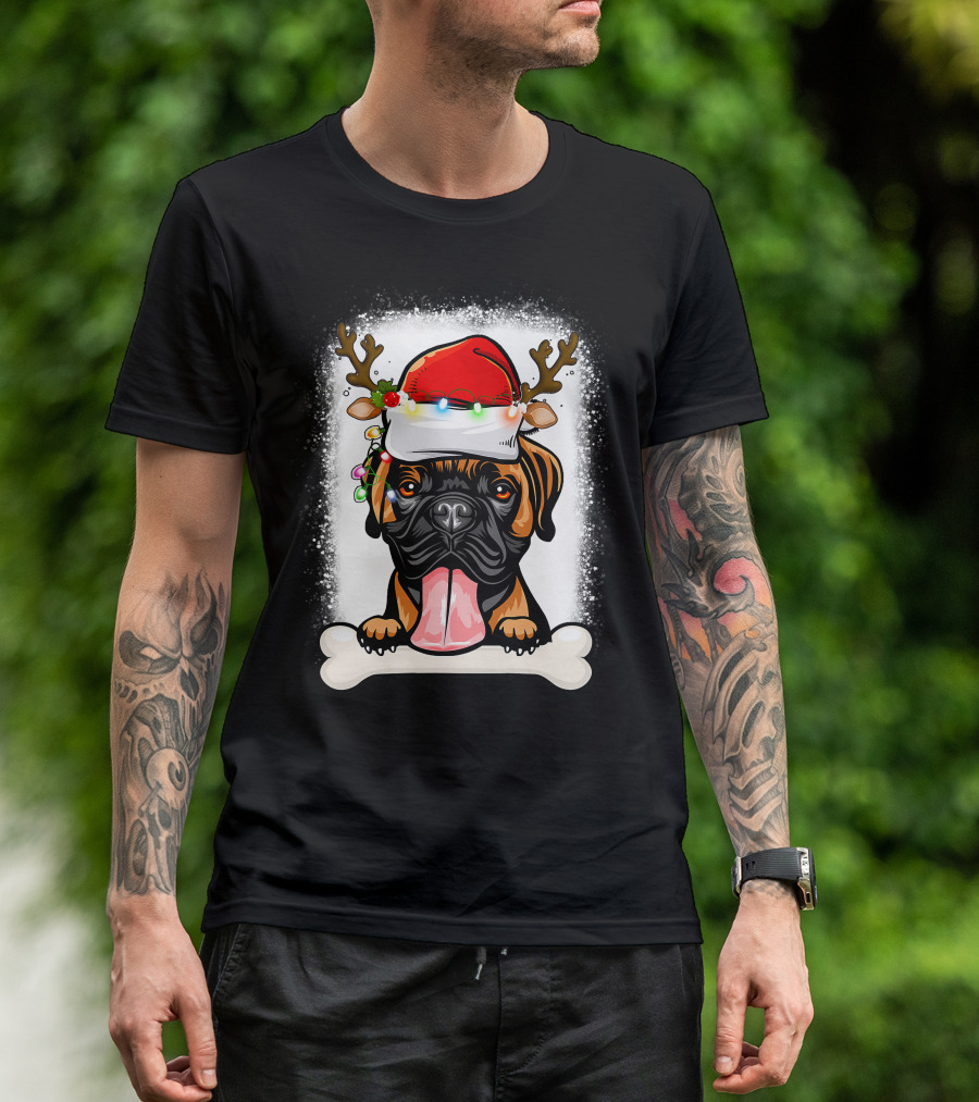 Boxer Dog With Santa Hat And Antlers Holding A Bone With Christmas Lights T-Shirt