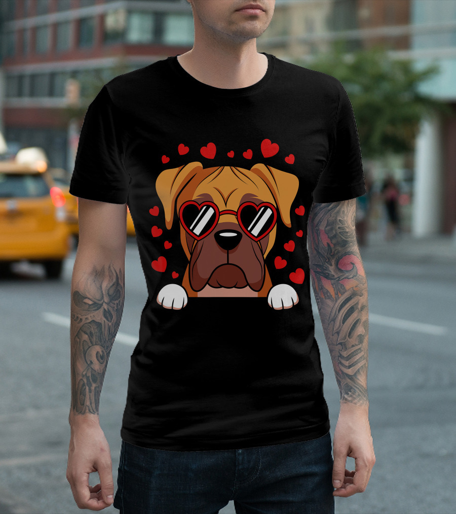 Boxer Dog Face with Red Heart Glasses Surrounded by Floating Hearts T-Shirt