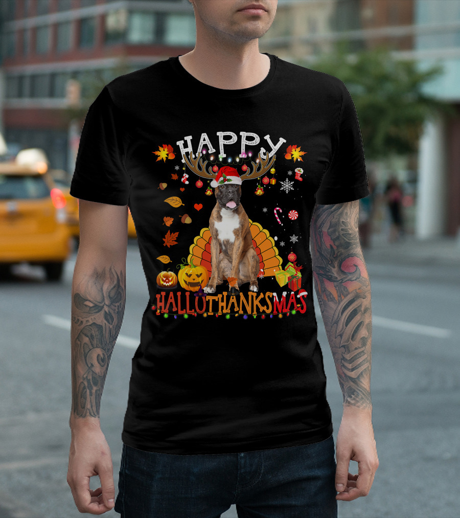 Happy Hallothanksmas Boxer Dog Halloween Turkey Christmas Lights T-Shirt