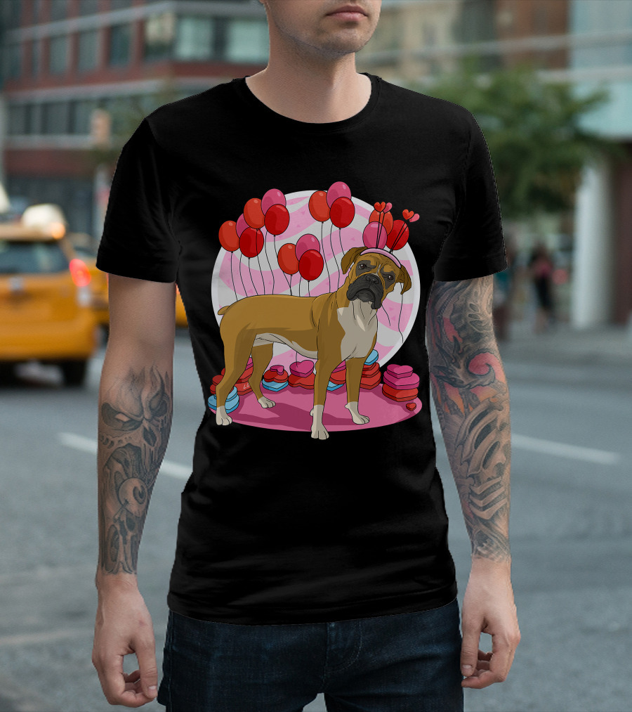 Boxer Dog With Heart Antlers And Balloons Valentine Decor T-Shirt
