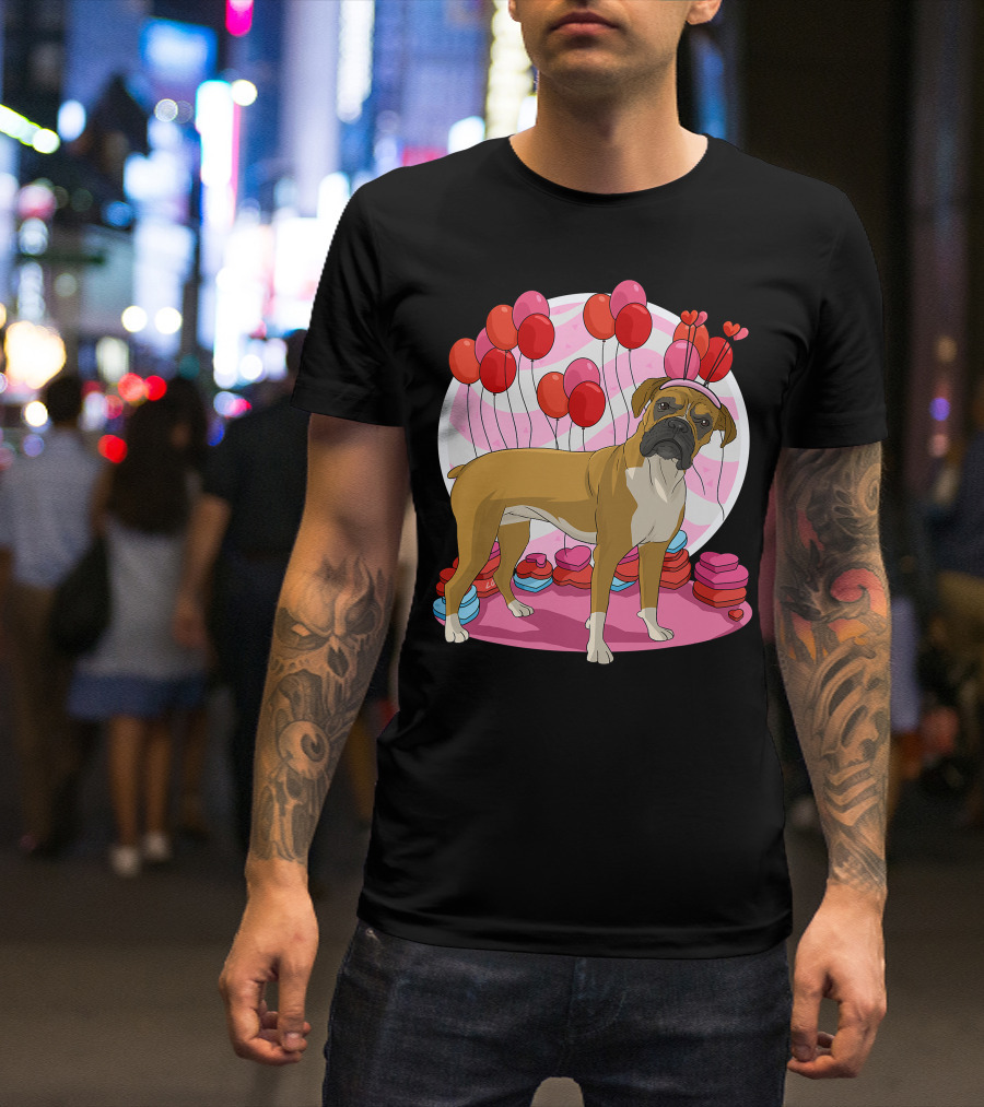 Boxer Dog With Heart Antlers And Balloons Valentine Decor T-Shirt
