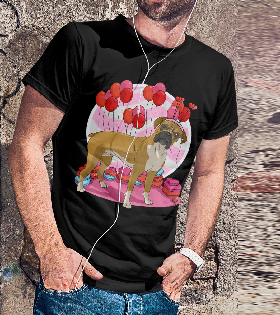 Boxer Dog With Heart Antlers And Balloons Valentine Decor T-Shirt