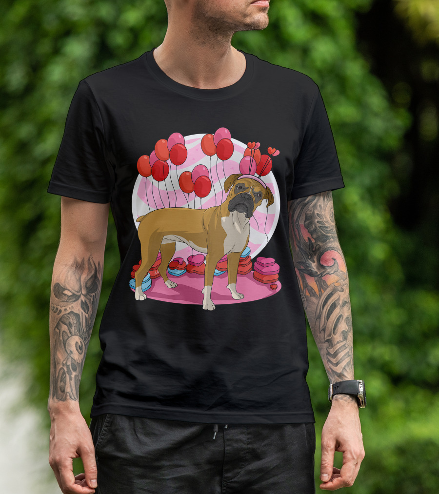 Boxer Dog With Heart Antlers And Balloons Valentine Decor T-Shirt