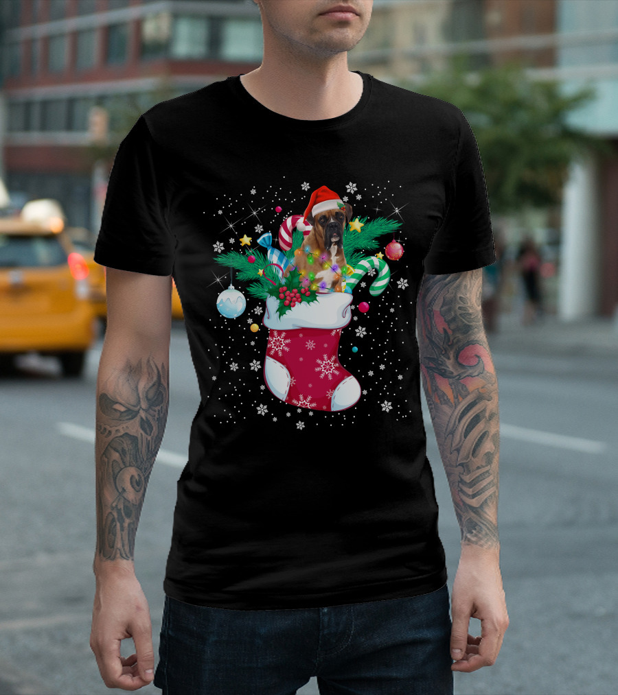 Boxer Dog in Santa Hat with Candy Canes in Christmas Stocking T-Shirt