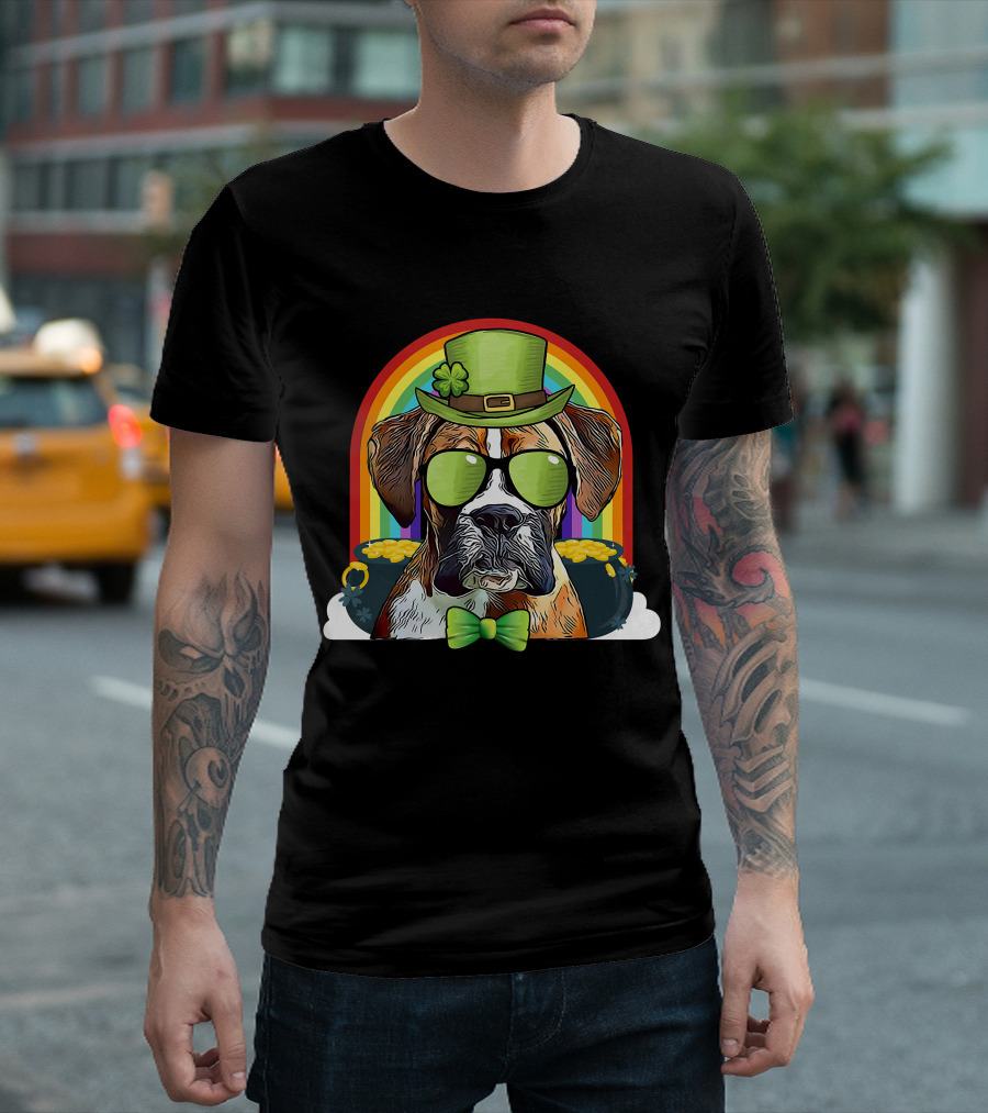 Boxer Dog Leprechaun Funny St Patricks Rainbow Hat Bow Tie Shamrocks T-Shirt