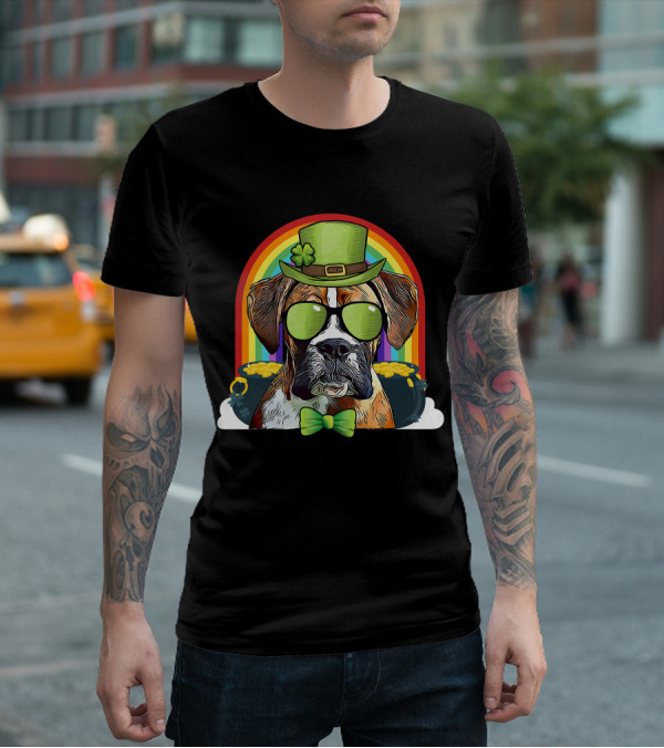 Boxer Dog Leprechaun Funny St Patricks Rainbow Hat Bow Tie Shamrocks T-Shirt