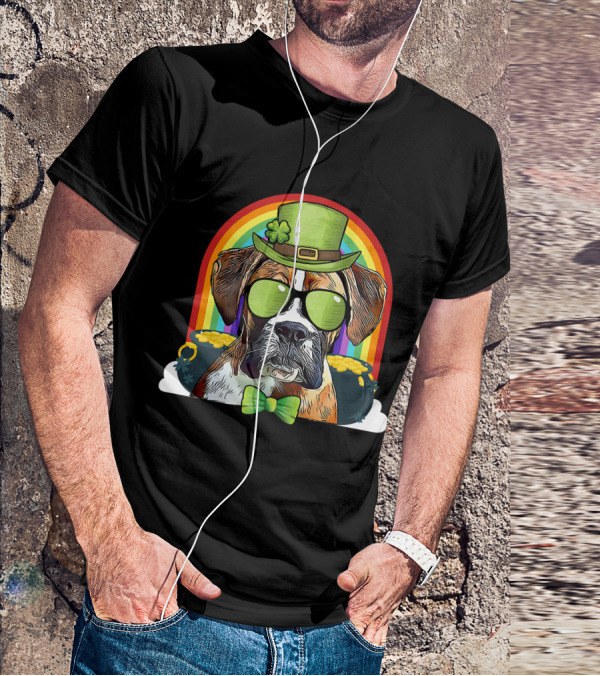 Boxer Dog Leprechaun Funny St Patricks Rainbow Hat Bow Tie Shamrocks T-Shirt