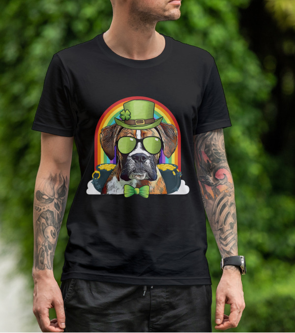 Boxer Dog Leprechaun Funny St Patricks Rainbow Hat Bow Tie Shamrocks T-Shirt