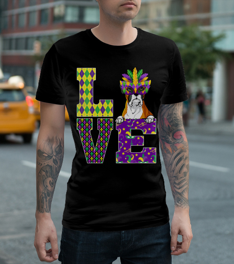 Boxer Dog Lover Mardi Gras Costume Mask Fleur De Lis Pattern Love T-Shirt