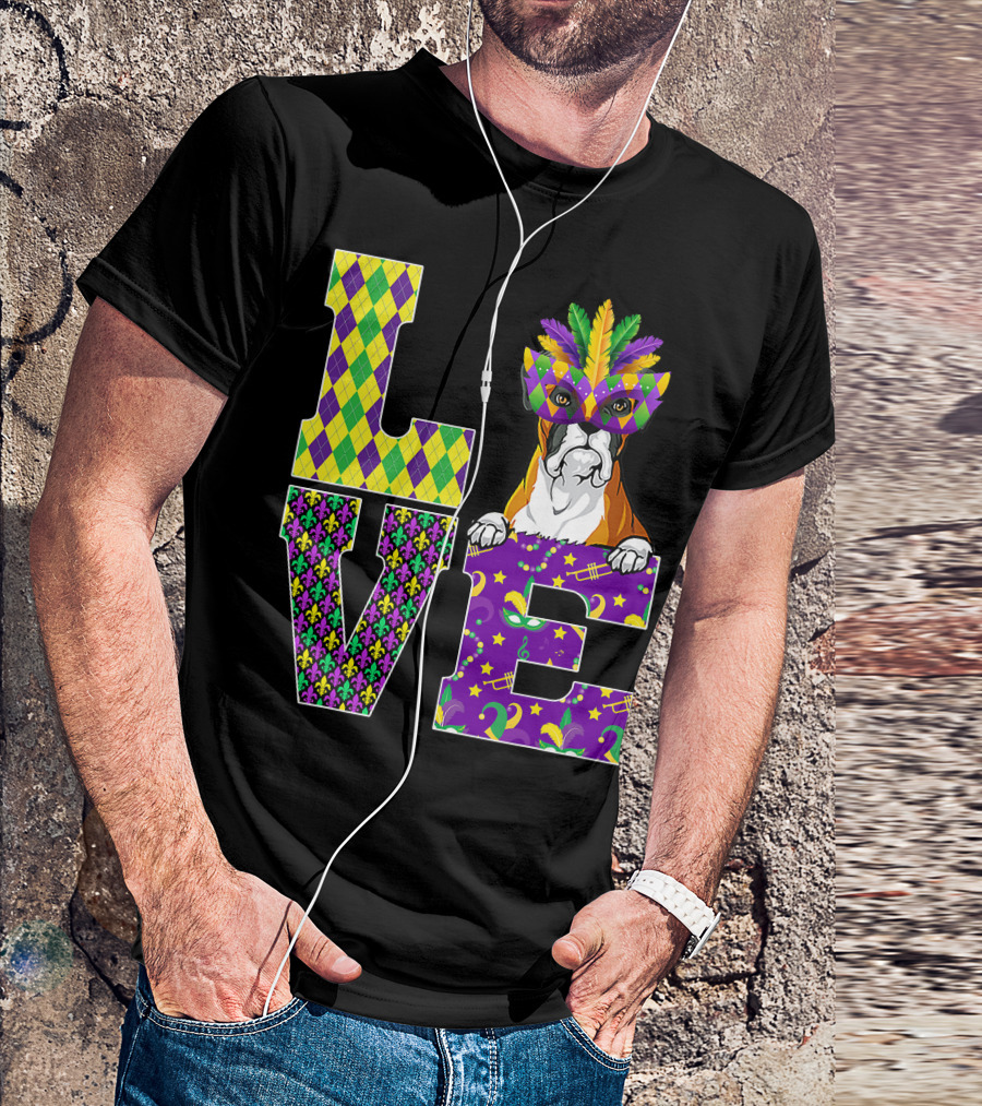 Boxer Dog Lover Mardi Gras Costume Mask Fleur De Lis Pattern Love T-Shirt