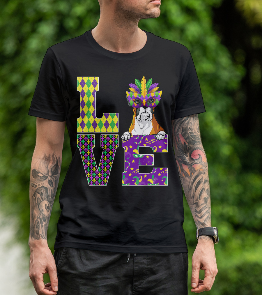 Boxer Dog Lover Mardi Gras Costume Mask Fleur De Lis Pattern Love T-Shirt