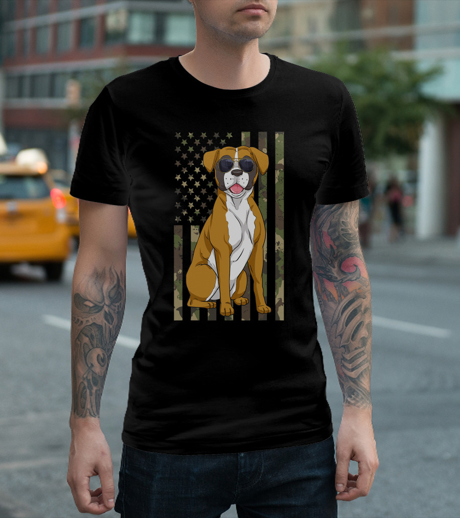 Boxer Dog Men Women Boxer Dad Mom Camo USA Flag Sunglasses T-Shirt