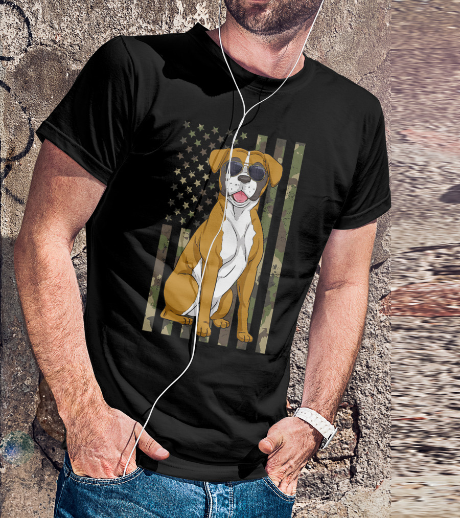 Boxer Dog Men Women Boxer Dad Mom Camo USA Flag Sunglasses T-Shirt