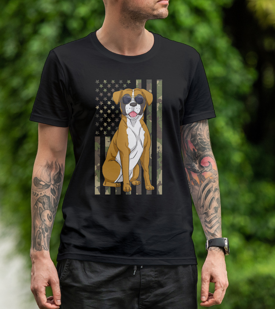 Boxer Dog Men Women Boxer Dad Mom Camo USA Flag Sunglasses T-Shirt