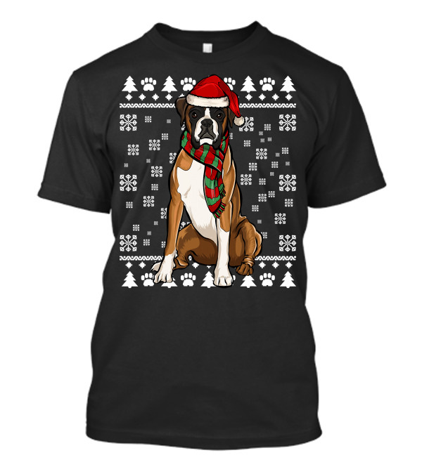 Boxer Dog Santa Hat Christmas Snowflakes Paw Prints Ugly T-Shirt