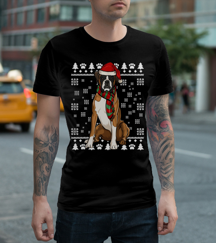 Boxer Dog Santa Hat Christmas Snowflakes Paw Prints Ugly T-Shirt