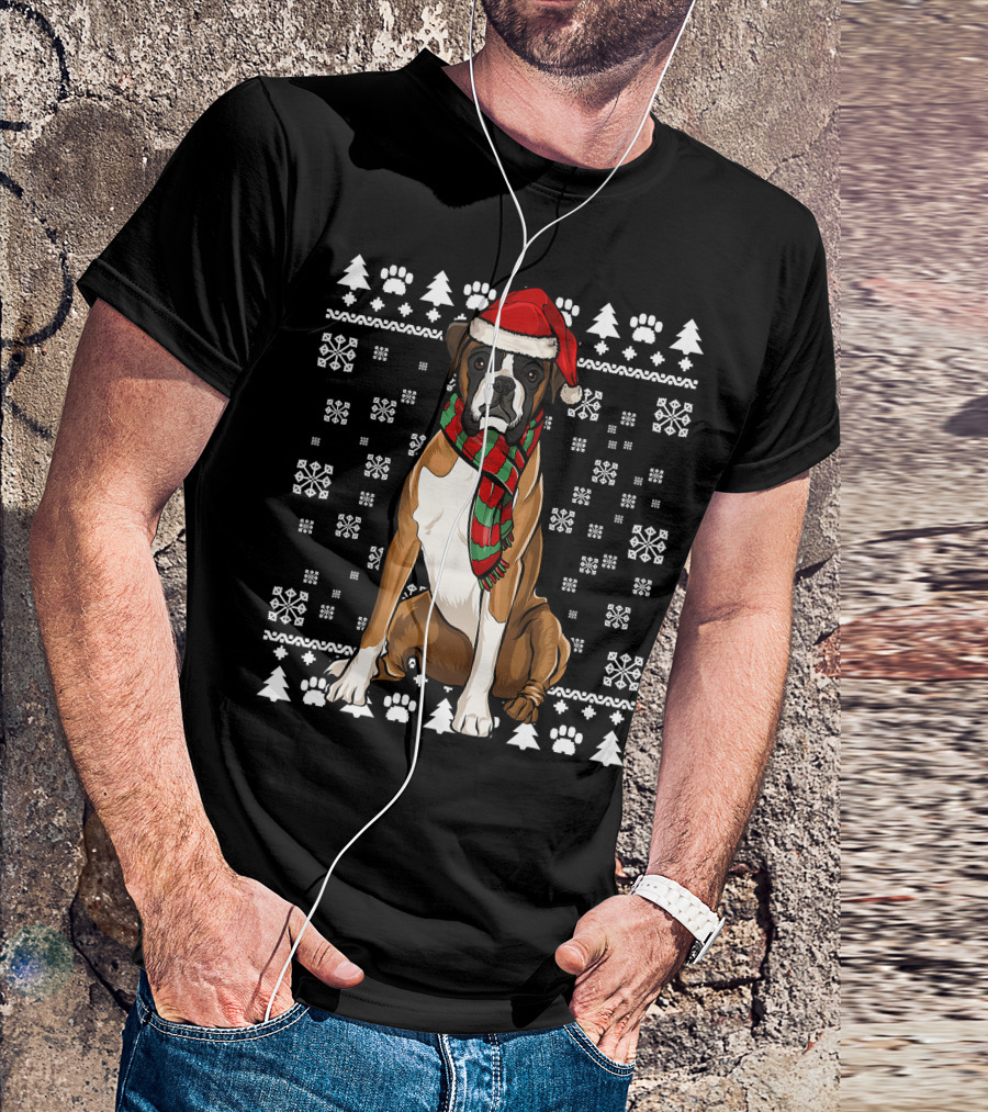 Boxer Dog Santa Hat Christmas Snowflakes Paw Prints Ugly T-Shirt