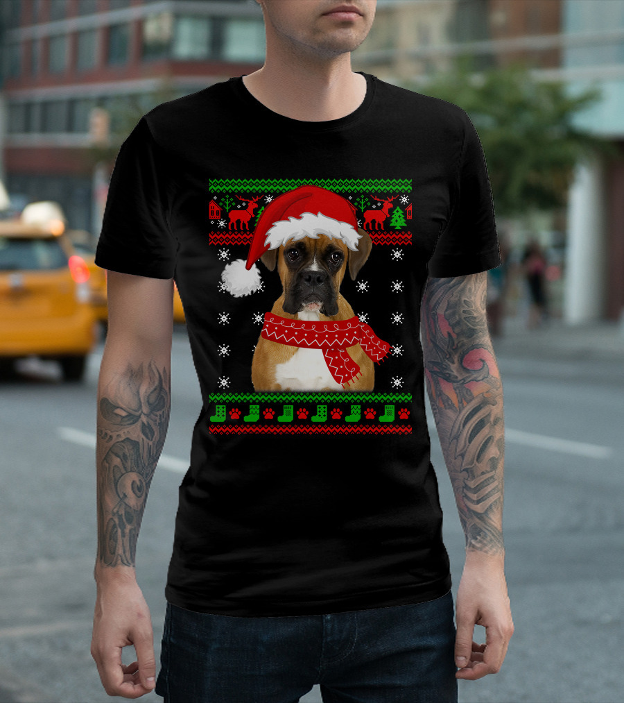 Boxer Dog Christmas Puppy Ugly Sweater Santa Hat Reindeer Snowflakes T-Shirt