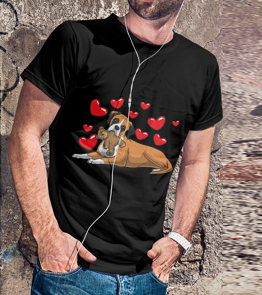Boxer Dog Cuddling Teddy Bear Surrounded By Red Hearts T-Shirt