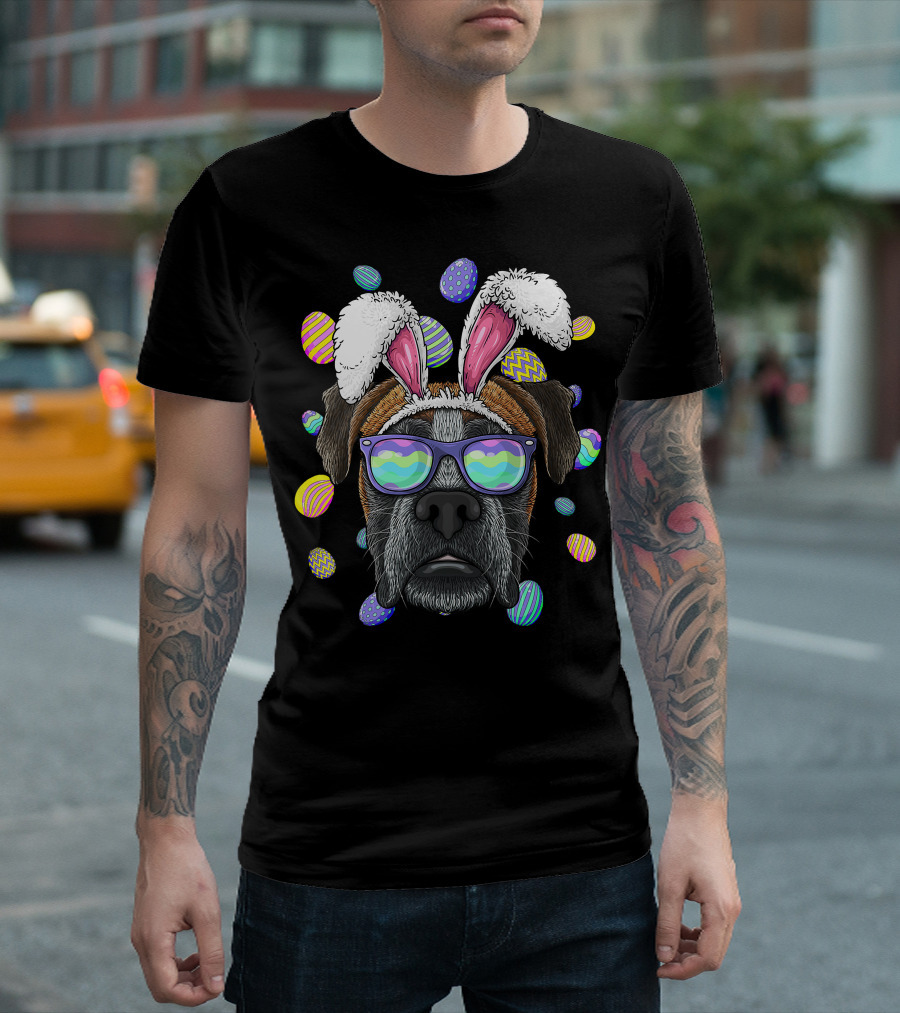 Boxer Dog with Bunny Ears and Sunglasses Surrounded by Colorful Easter Eggs T-Shirt