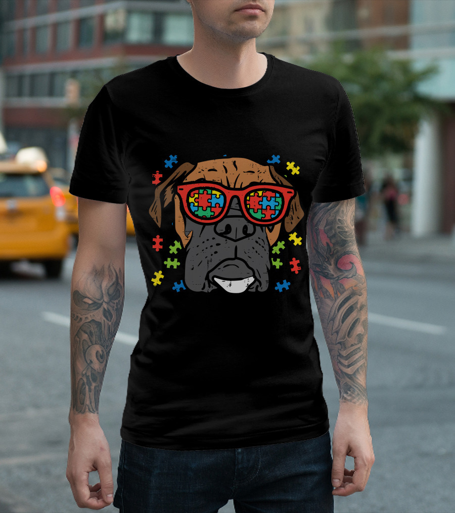 Boxer Face with Puzzle Glasses for Autism Awareness T-Shirt