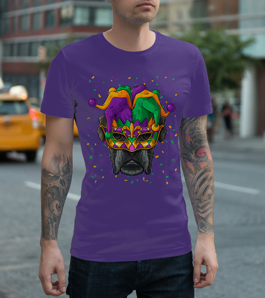 Carnival King Boxer Dog Wearing Jester Mask with Confetti T-Shirt