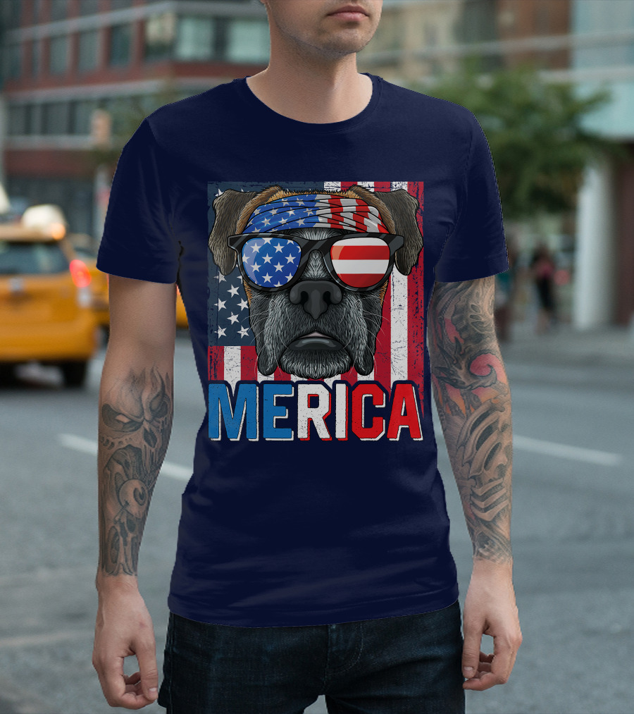 MERICA Boxer Dog In American Flag Glasses For 4th Of July T-Shirt