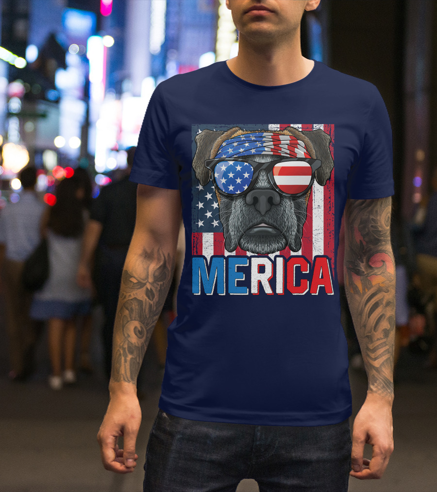 MERICA Boxer Dog In American Flag Glasses For 4th Of July T-Shirt