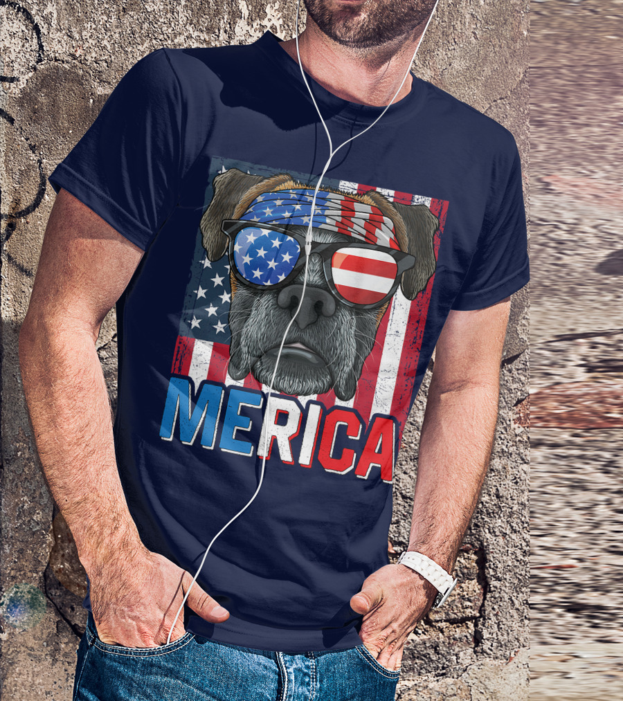 MERICA Boxer Dog In American Flag Glasses For 4th Of July T-Shirt