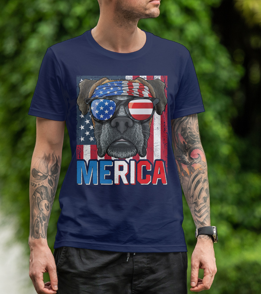 MERICA Boxer Dog In American Flag Glasses For 4th Of July T-Shirt