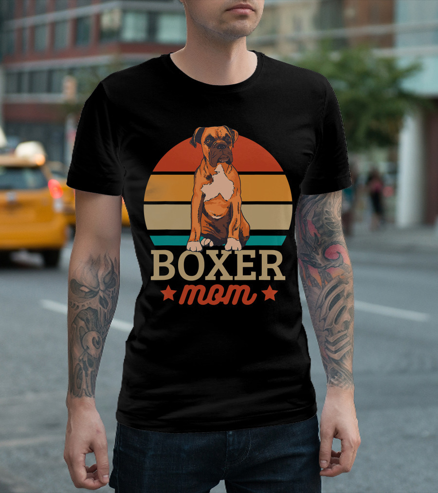 Boxer Mom Retro Sunset Pooch Love T-Shirt