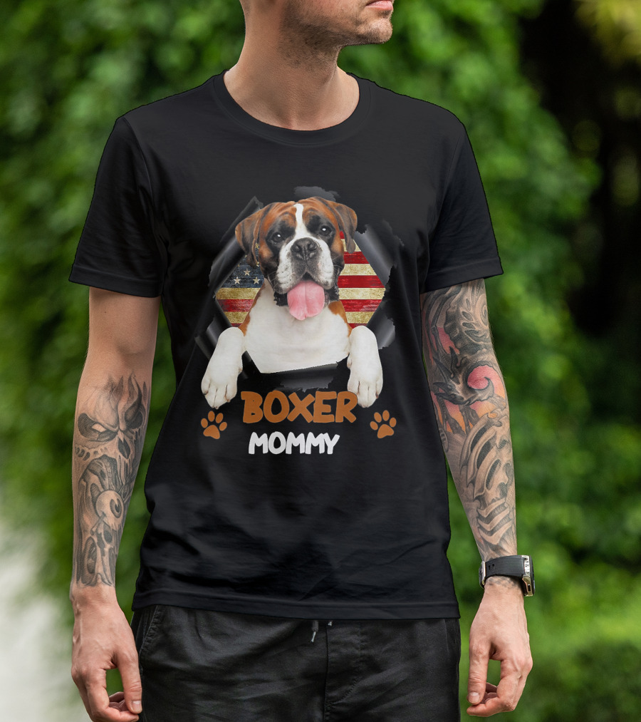Boxer Mommy Dog With Torn American Flag Background T-Shirt