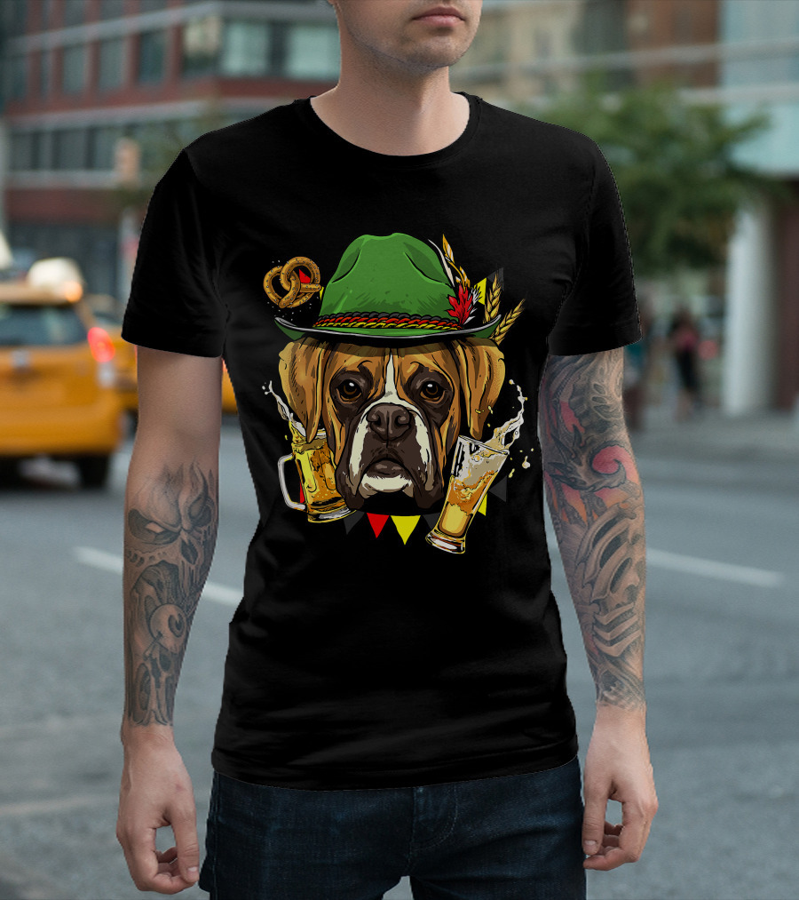 Oktoberfest Boxer Dog Lederhosen Beer Pretzel Hat T-Shirt