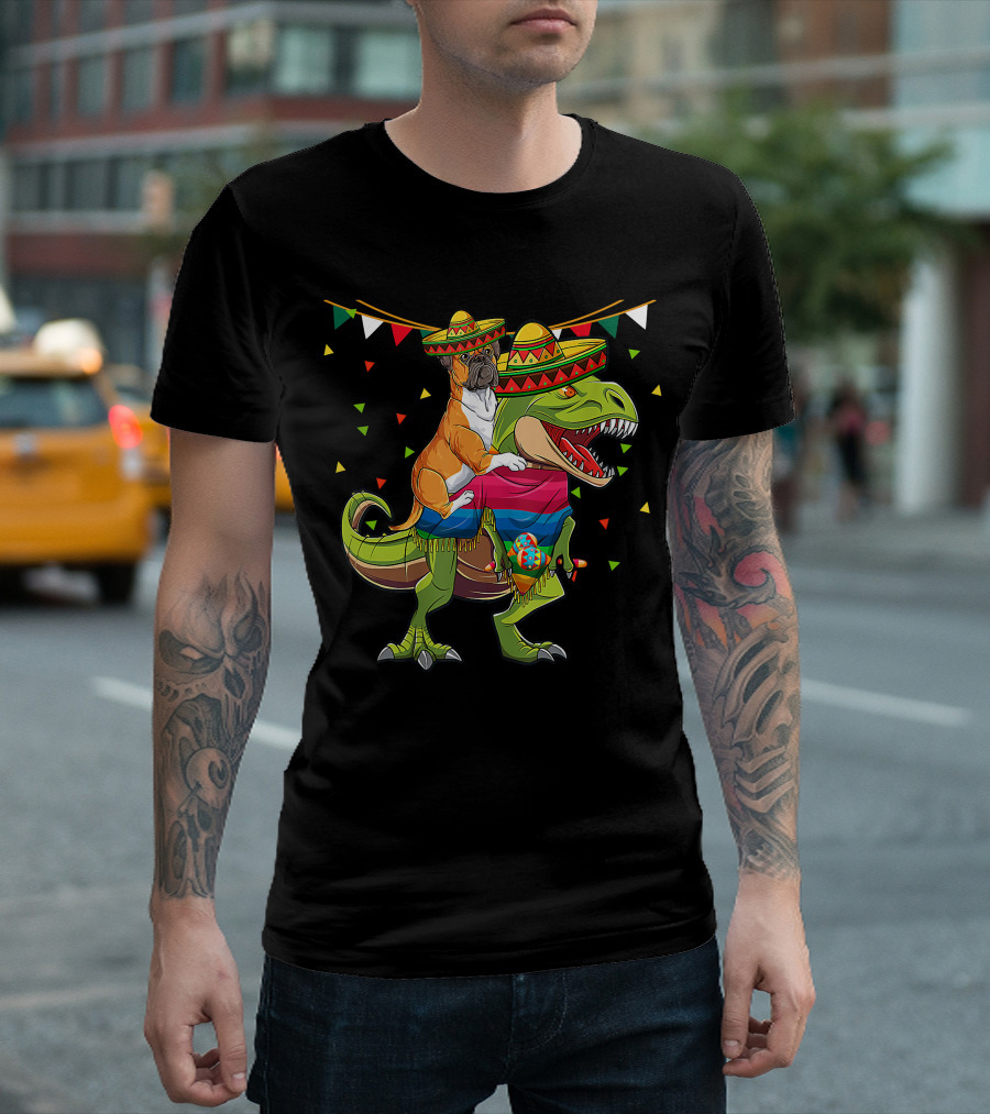 Boxer Dog with Sombrero Riding Dinosaur Rex Fiesta Flag Party T-Shirt